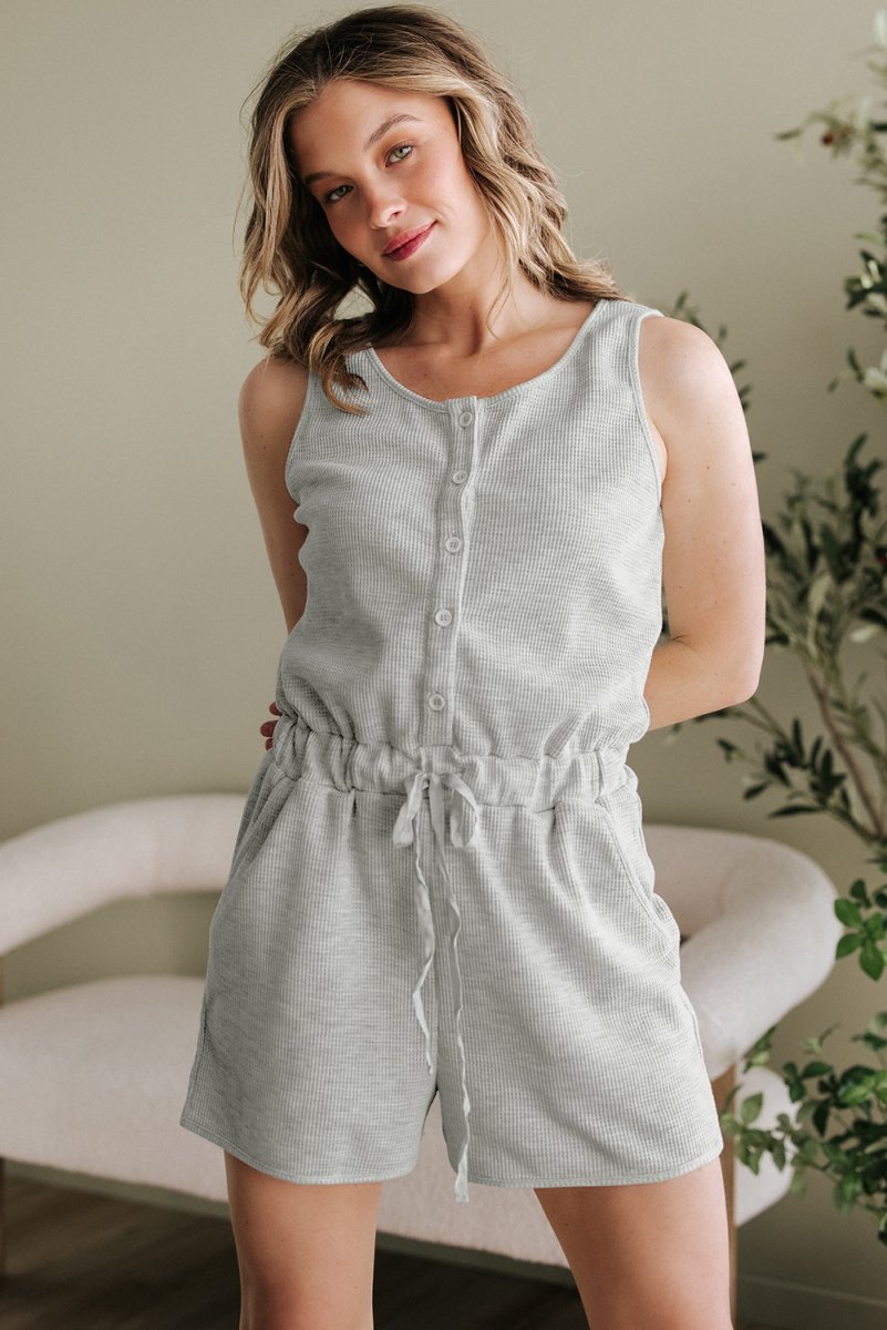 Light Grey Waffle Knit Sleeveless Buttoned Front Drawstring Waist Romper - Love Salve